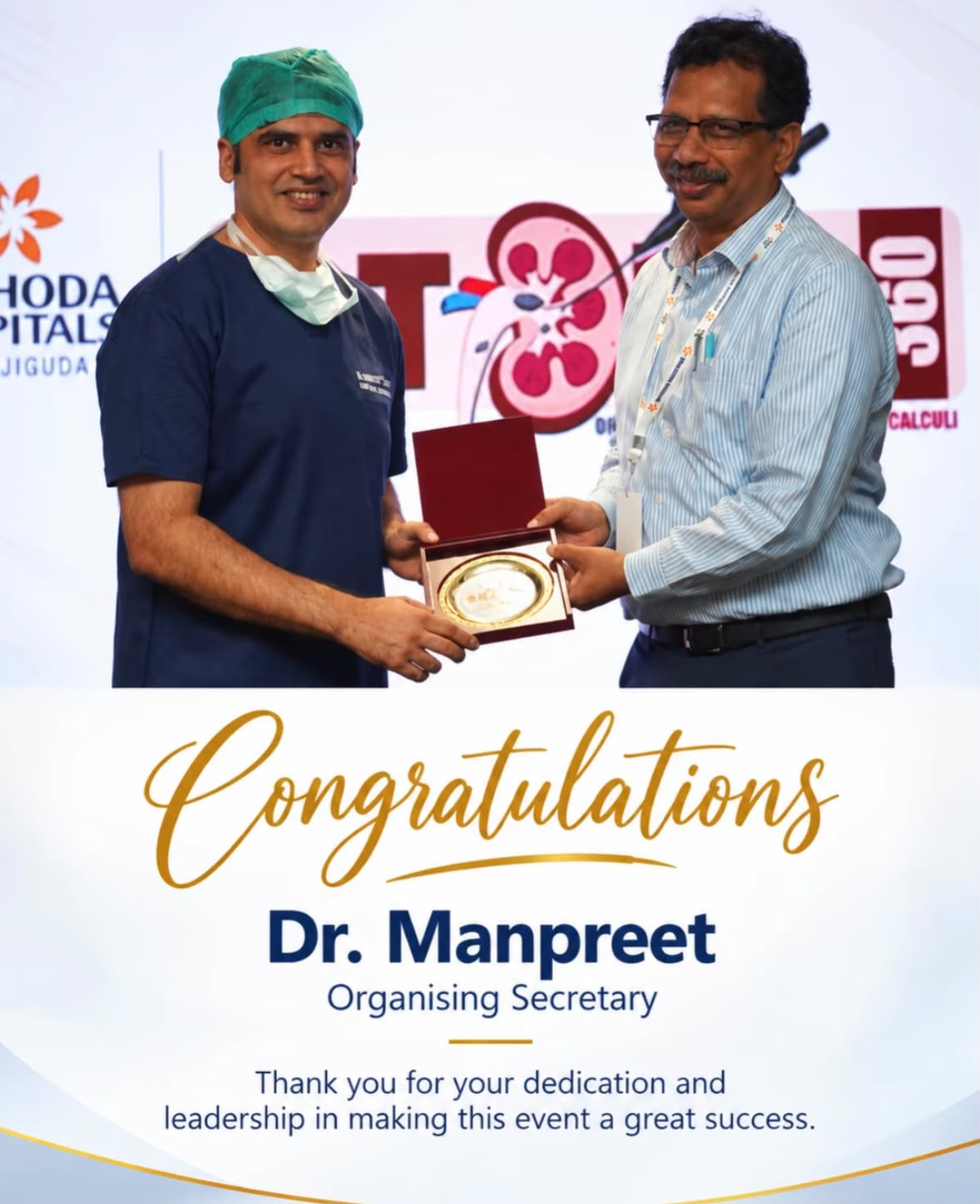 Recognition image congratulating Dr. Manpreet as Organising Secretary